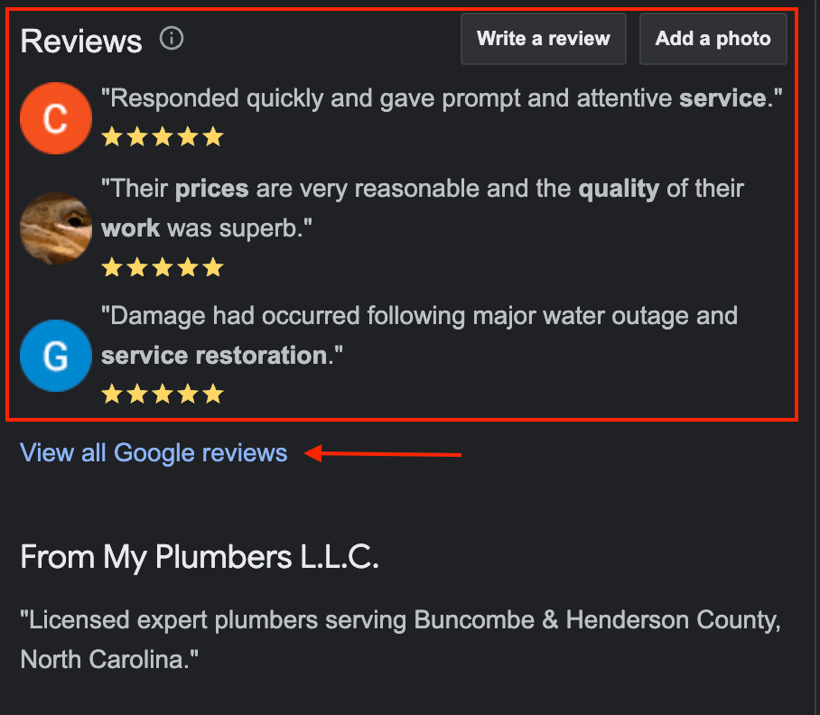 Google Reviews for Plumbing Company (Screenshot)