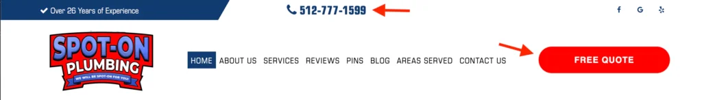Screenshot of Plumbing CTA Examples from Business Website