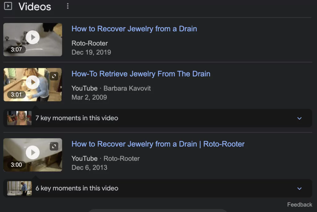 Video SERP Results for Plumbing Query